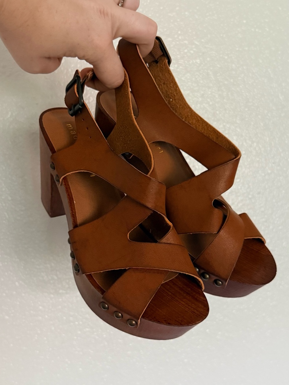 Madden Girl Brown Leather Platform Sandals - G-Nilly size 6.5 - wooden heel